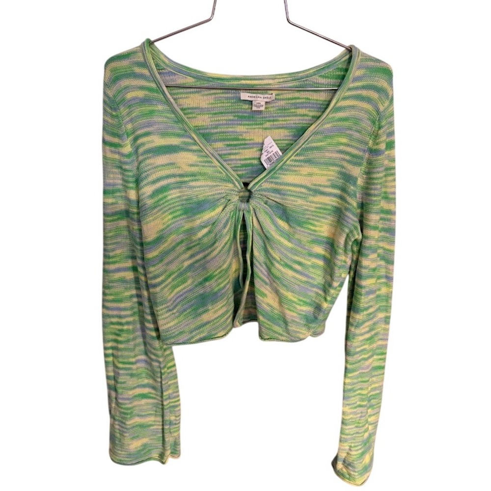 American Eagle Green Space Dye O-Ring Tie Front Knit Crop Top Large AJ1079 NWT